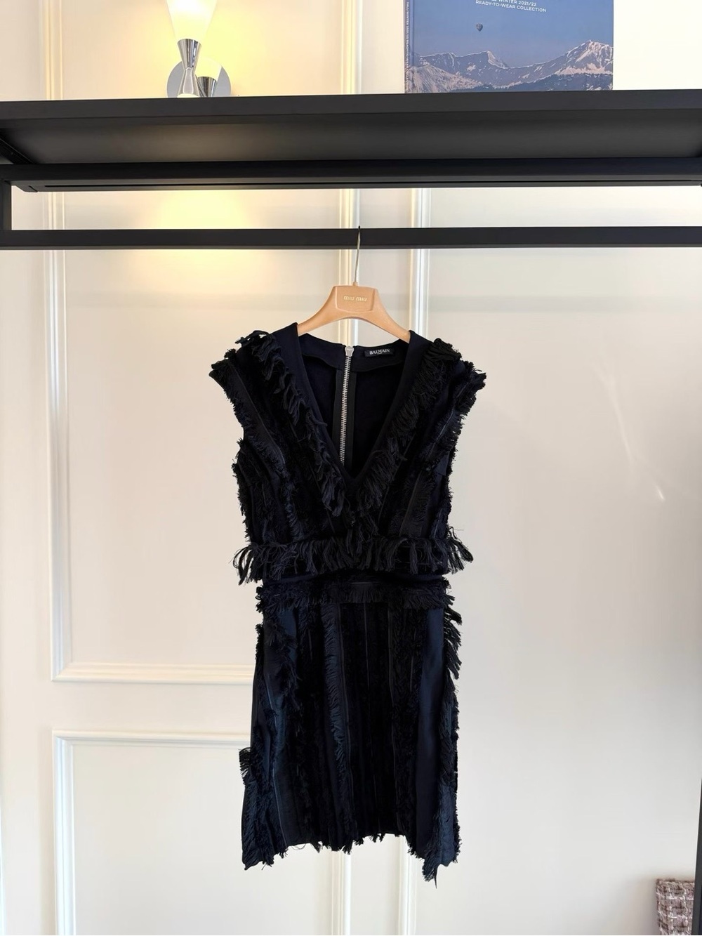 Balmain Black Fringed V‑Neck Mini Dress
